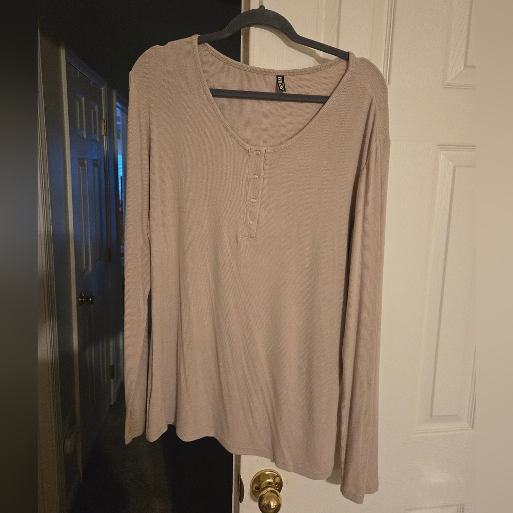 BTFBM Beige Long Sleeve Henley Top